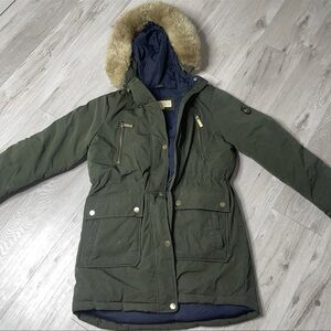 Michael Kors Hooded Sherpa Winter Coat Faux Fur Army Cozy Y2K Cabincore Utility